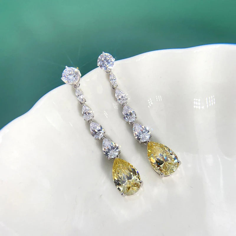 Silver Plated Anti Tarnish American Diamond Studded Yellow Teardrop Shape Crushed Ice Cut Drop Earrings