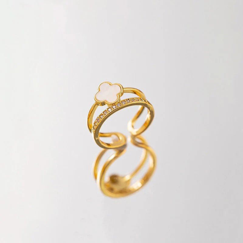 Gold Plated Anti Tarnish Stainless Steel Clover Themed Adjustable Finger Ring