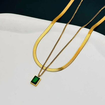 Gold-Plated Anti Tarnish Green Emerald Geometric Layered Necklace