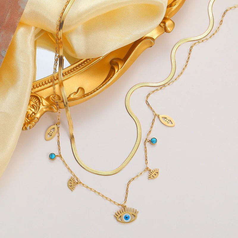Gold Plated Stainless Steel Anti Tarnish Evil Eye themed Dual Strand Necklace For Women