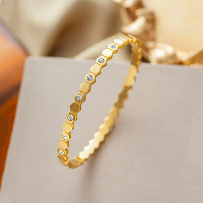 Gold-Plated AD Bangle-Style Hexagonal Anti Tarnish Bracelet