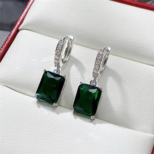 Silver Plated Anti Tarnish Green Rectangular American Diamond Studded Crushed Ice Cut Drop Earrings