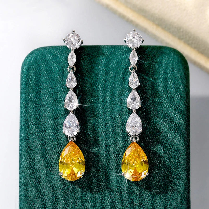 Silver Plated Anti Tarnish American Diamond Studded Yellow Teardrop Shape Crushed Ice Cut Drop Earrings