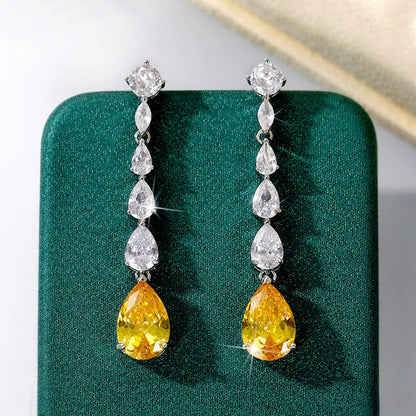 Silver Plated Anti Tarnish American Diamond Studded Yellow Teardrop Shape Crushed Ice Cut Drop Earrings