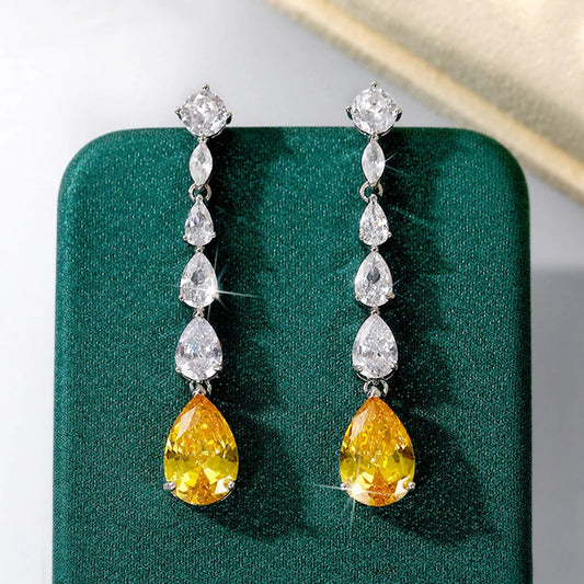 Silver Plated Anti Tarnish American Diamond Studded Yellow Teardrop Shape Crushed Ice Cut Drop Earrings