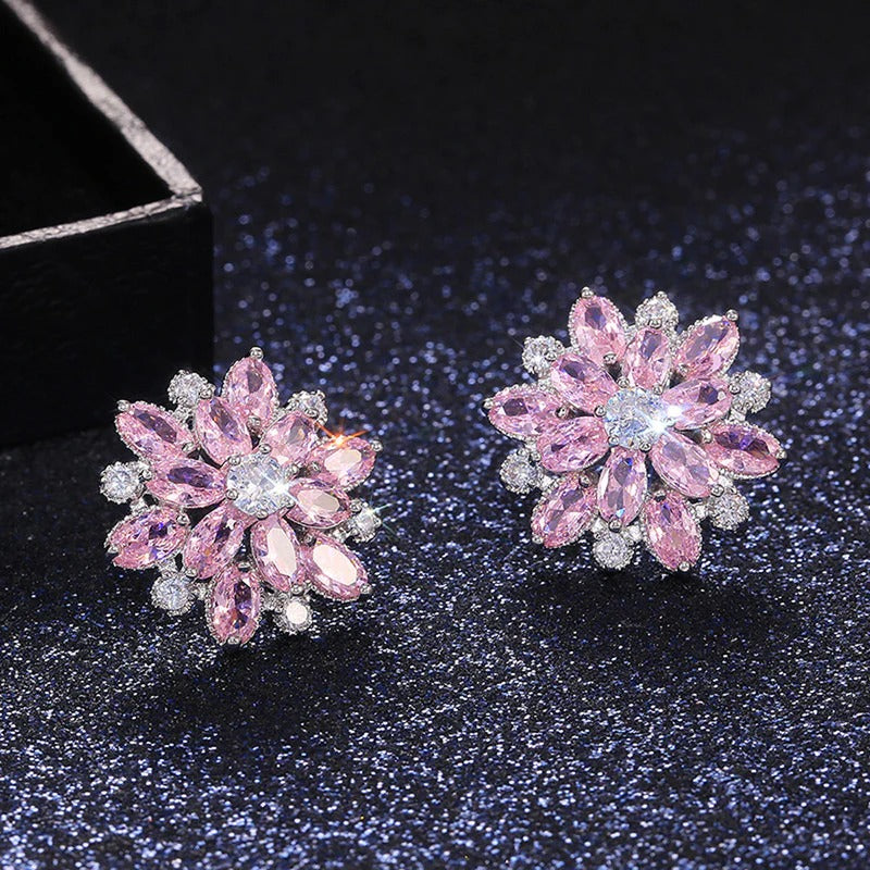 Silver Plated Anti Tarnish American Diamond Studded Pink Floral Silver Stud Earrings