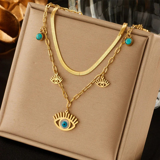 Gold Plated Stainless Steel Anti Tarnish Evil Eye themed Dual Strand Necklace For Women