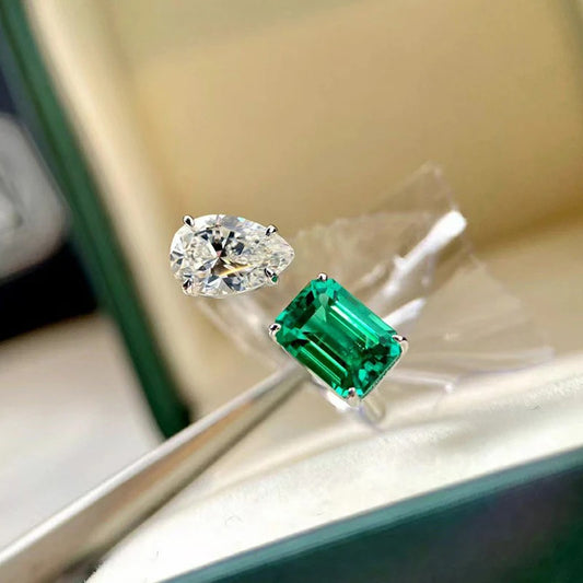 Silver Plated Anti Tarnish American Diamond Crushed Ice Cut Green Rectangular Finger Ring