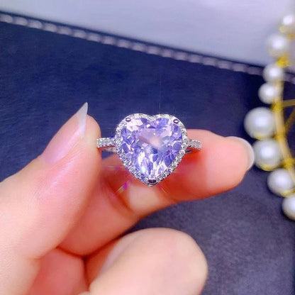 Silver Plated Anti Tarnish American Diamond Crushed Ice Cut Purple Heart Themed Finger Ring