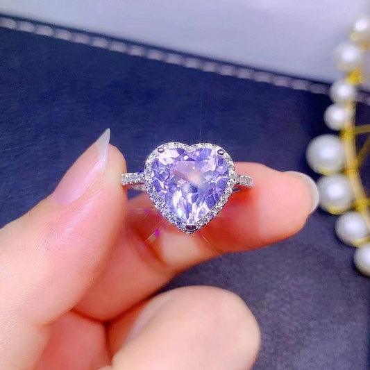 Silver Plated Anti Tarnish American Diamond Crushed Ice Cut Purple Heart Themed Finger Ring