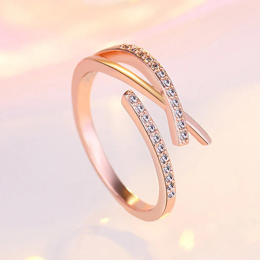 Zaverati Rose Gold Plated American Diamond Studded Contemporary Korean Finger Ring