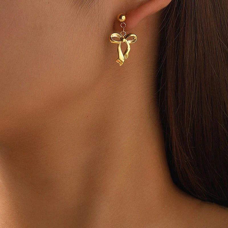 Gold-Plated Stainless Steel Anti Tarnish Infinity Bow Drop Earrings