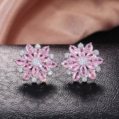Silver Plated Anti Tarnish American Diamond Studded Pink Floral Silver Stud Earrings