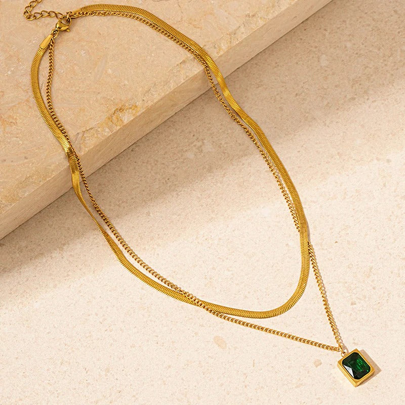 Gold-Plated Anti Tarnish Green Emerald Geometric Layered Necklace