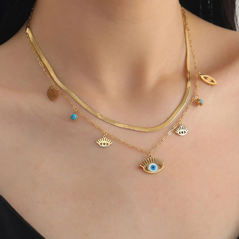 Gold Plated Stainless Steel Anti Tarnish Evil Eye themed Dual Strand Necklace For Women