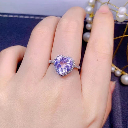 Silver Plated Anti Tarnish American Diamond Crushed Ice Cut Purple Heart Themed Finger Ring