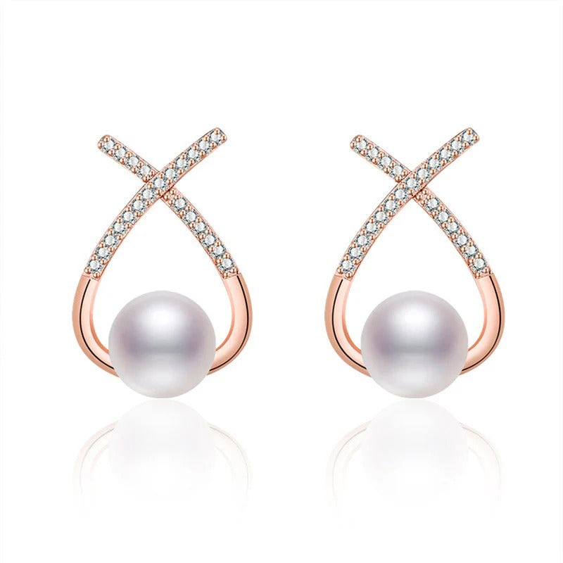 Rose Gold Plated American Diamond Studded Cross Shape Korean Stud Earrings