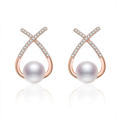 Rose Gold Plated American Diamond Studded Cross Shape Korean Stud Earrings