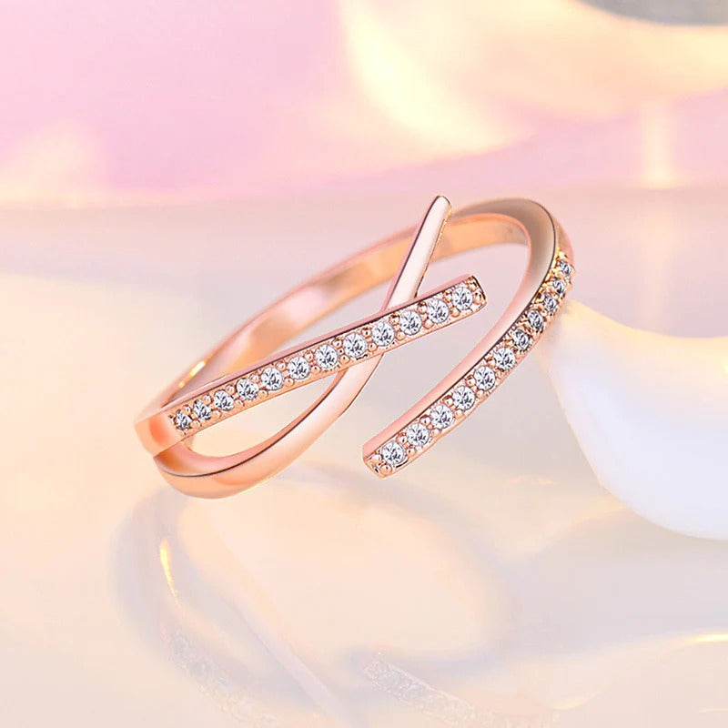 Zaverati Rose Gold Plated American Diamond Studded Contemporary Korean Finger Ring