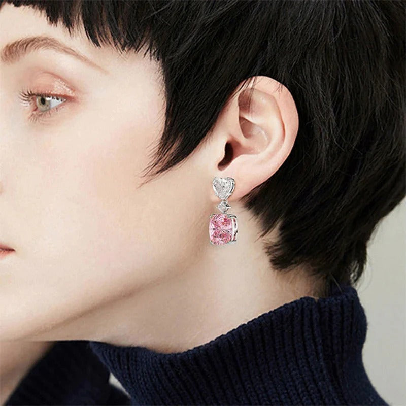Silver Plated Anit Tarnish American Diamond Studded Pink Heart inspired Crushed Ice Cut Drop Earrings