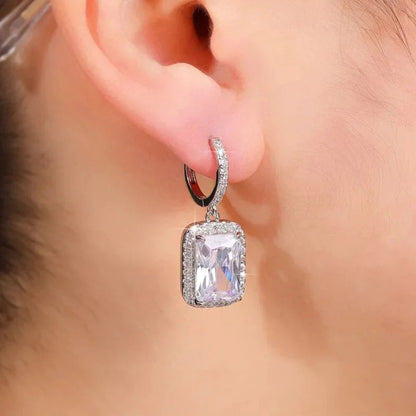 Silver Plated AD Studded Geometric Crushed Ice Cut Hoops Earrings