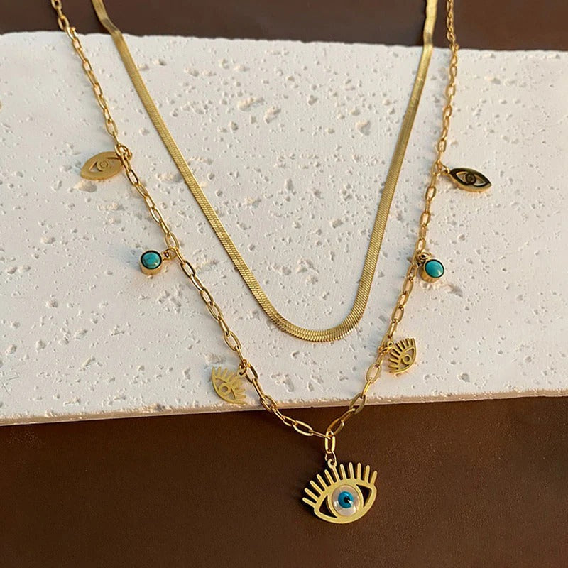 Gold Plated Stainless Steel Anti Tarnish Evil Eye themed Dual Strand Necklace For Women