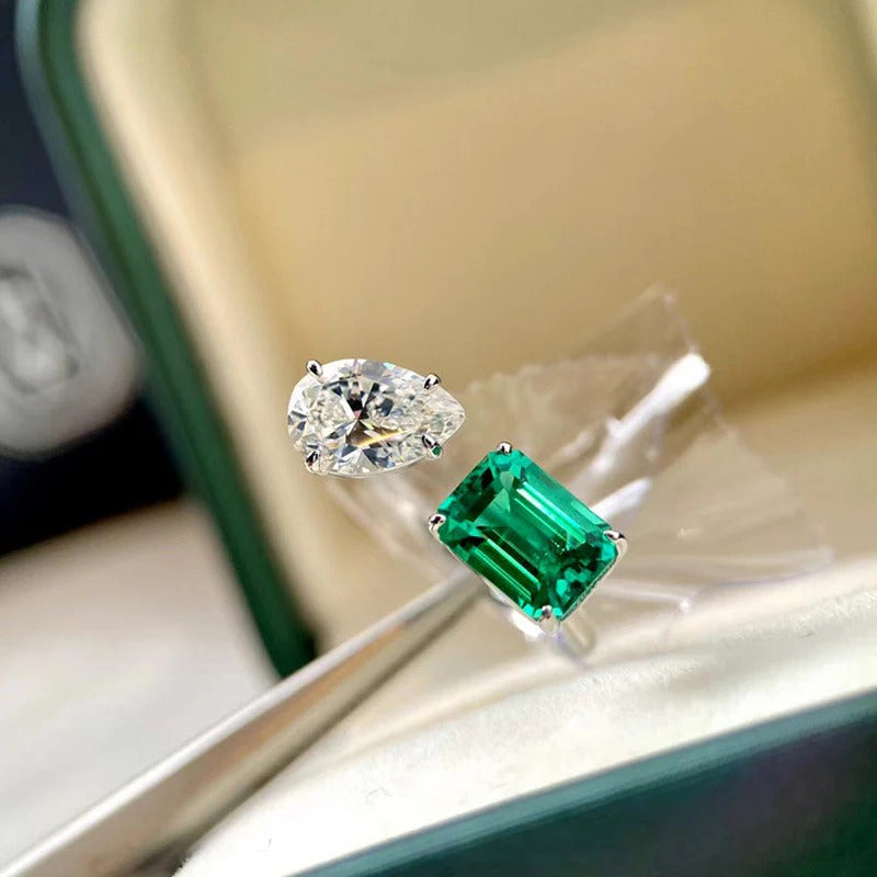 Silver Plated Anti Tarnish American Diamond Crushed Ice Cut Green Rectangular Finger Ring