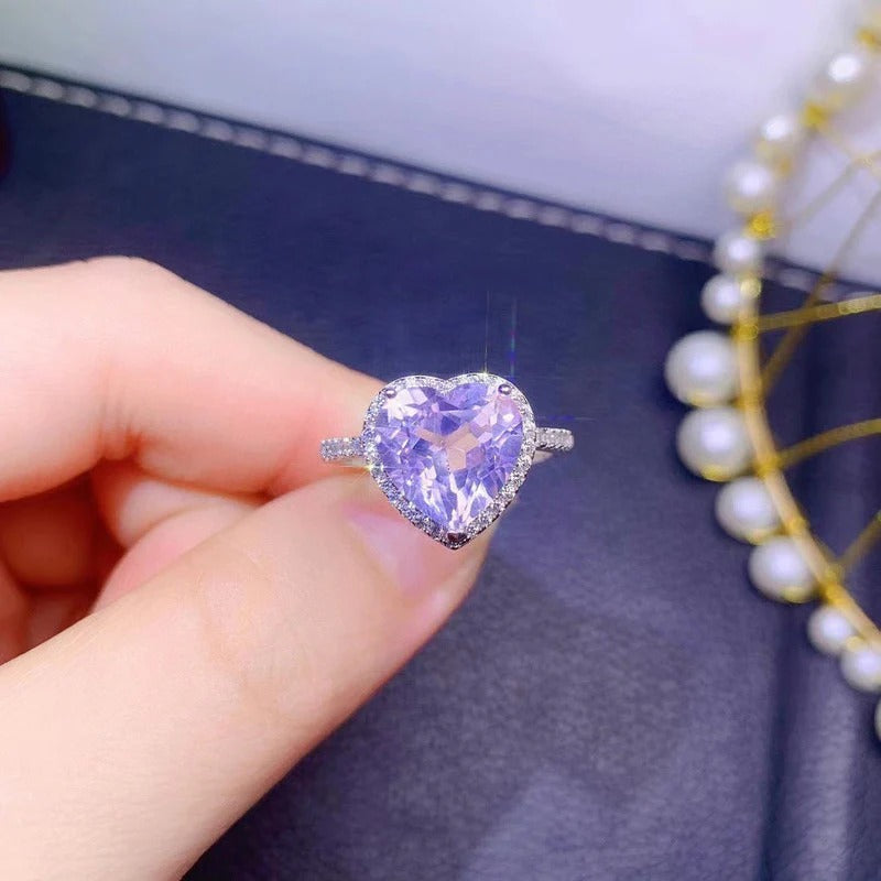 Silver Plated Anti Tarnish American Diamond Crushed Ice Cut Purple Heart Themed Finger Ring