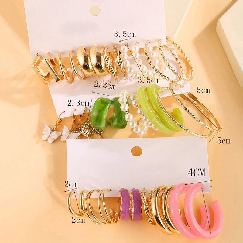 Gold Plated Set Of 18 Pairs Of Hoop And Pearl Earrings For Women