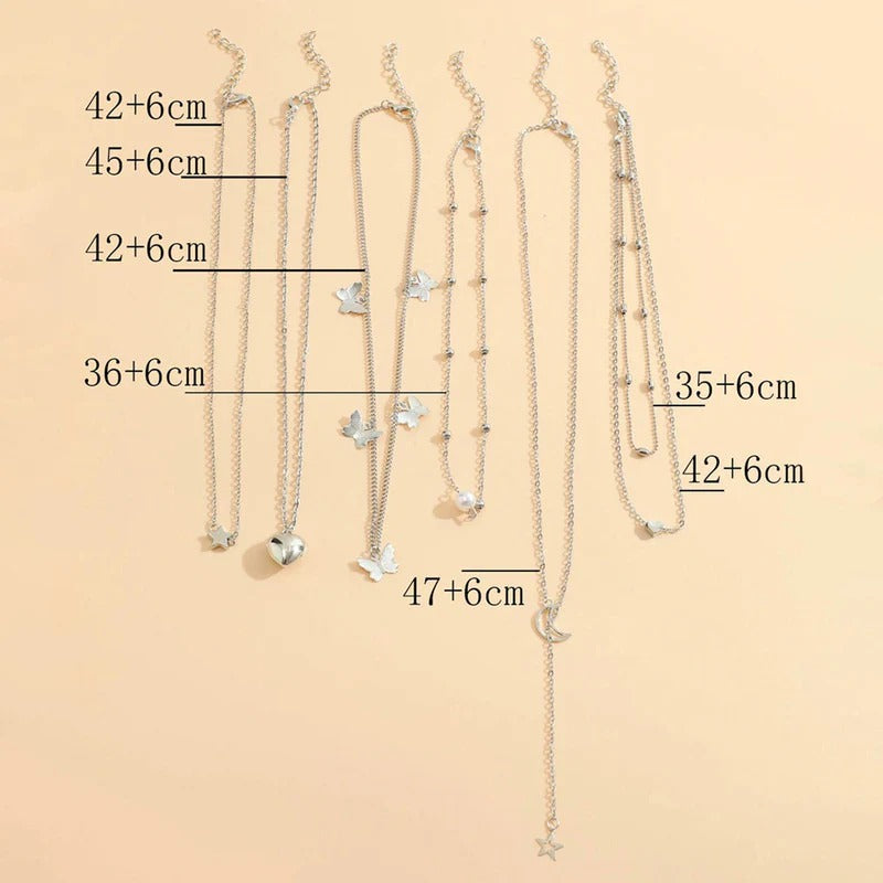 Silver Plated Butterfly inspired Set of 6 Layered Necklace For Women