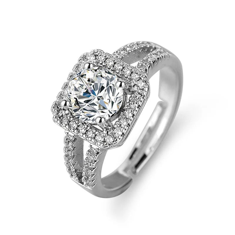 Silver Plated American Diamond Studded Geometrical Anti Tarnish Solitaire Adjustable Finger Ring