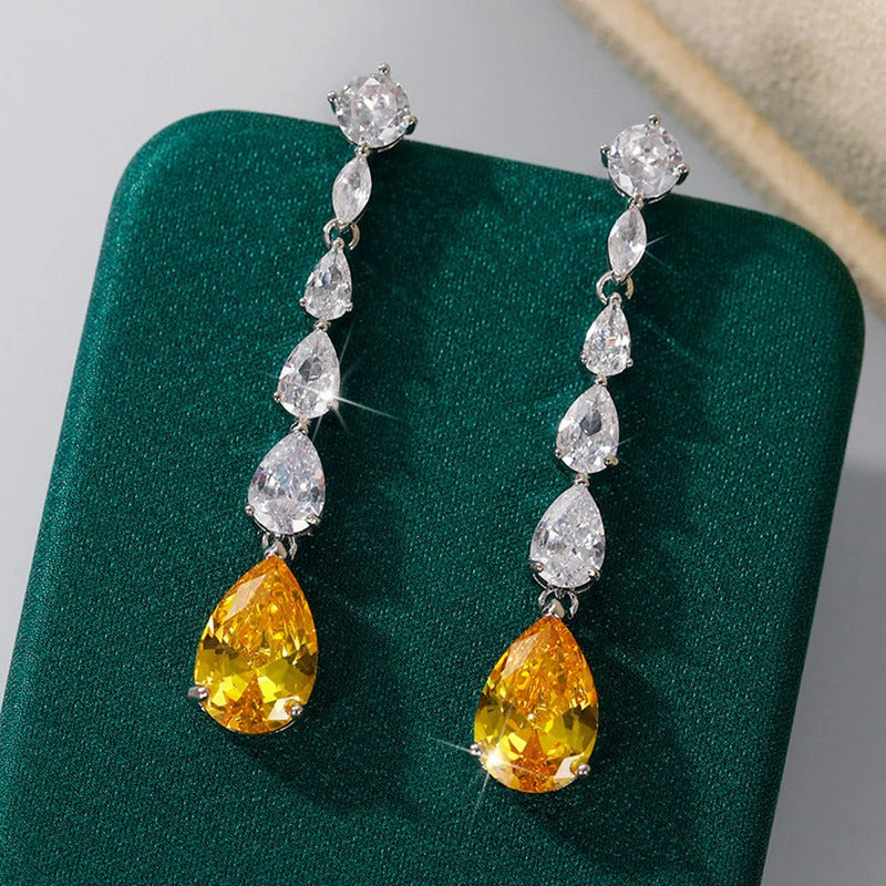 Silver Plated Anti Tarnish American Diamond Studded Yellow Teardrop Shape Crushed Ice Cut Drop Earrings