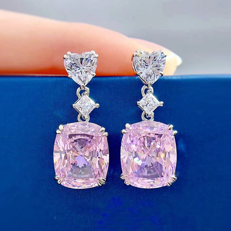 Silver Plated Anit Tarnish American Diamond Studded Pink Heart inspired Crushed Ice Cut Drop Earrings