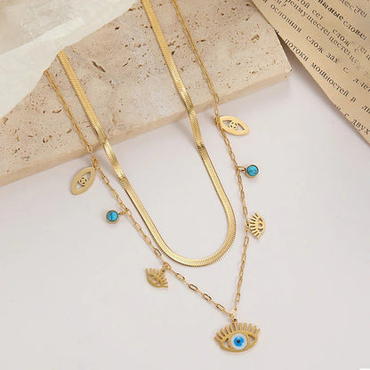 Gold Plated Stainless Steel Anti Tarnish Evil Eye themed Dual Strand Necklace For Women