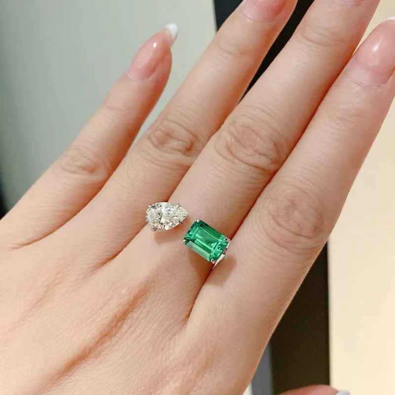 Silver Plated Anti Tarnish American Diamond Crushed Ice Cut Green Rectangular Finger Ring