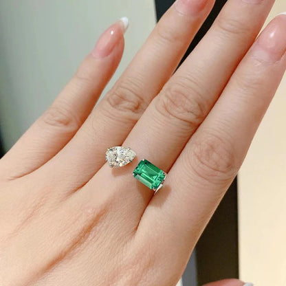 Silver Plated Anti Tarnish American Diamond Crushed Ice Cut Green Rectangular Finger Ring