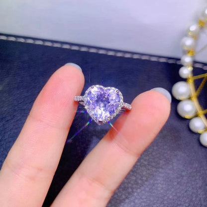 Silver Plated Anti Tarnish American Diamond Crushed Ice Cut Purple Heart Themed Finger Ring