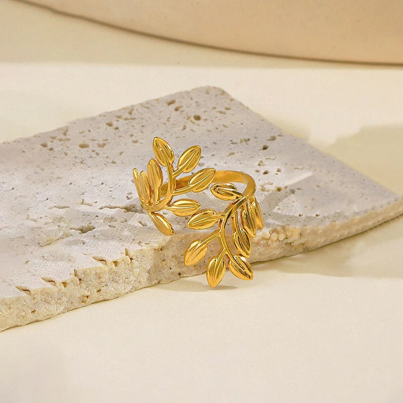 Gold Plated Anti Tarnish Stainless Steel Leaf Themed Adjustable Finger Ring