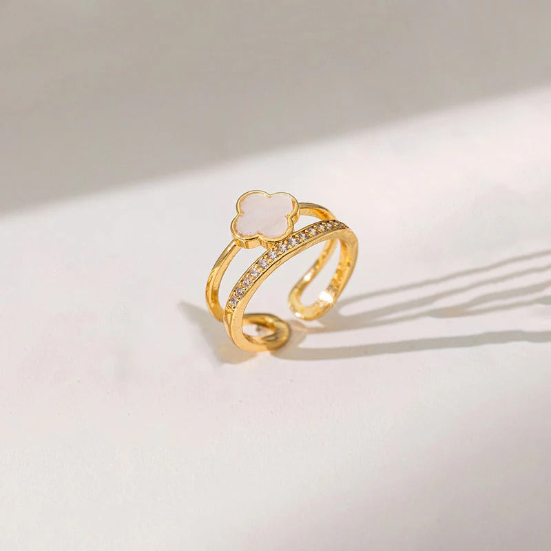 Gold Plated Anti Tarnish Stainless Steel Clover Themed Adjustable Finger Ring