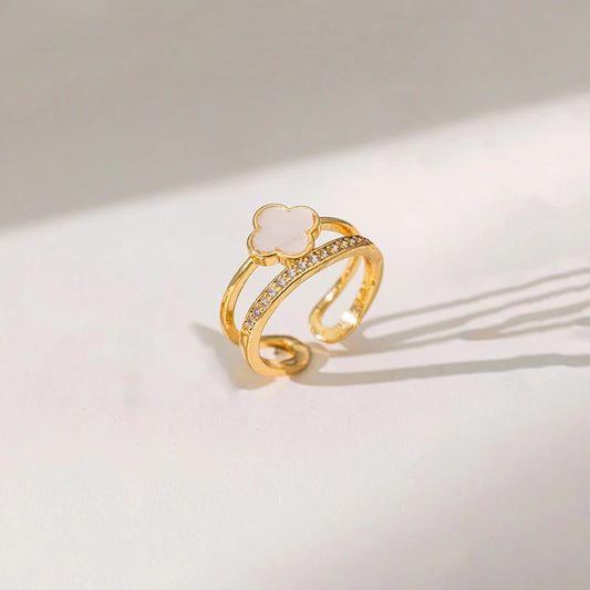 Gold Plated Anti Tarnish Stainless Steel Clover Themed Adjustable Finger Ring