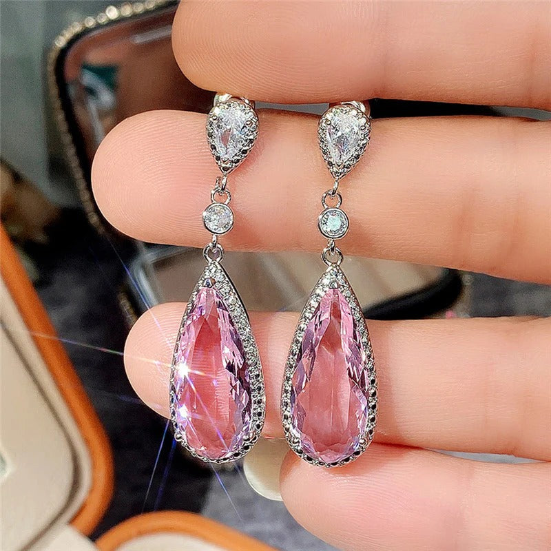 Silver Plated Anti Tarnish American Diamond Studded Pink Teardop Shape Ice Cut Drop Earrings