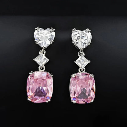 Silver Plated Anit Tarnish American Diamond Studded Pink Heart inspired Crushed Ice Cut Drop Earrings