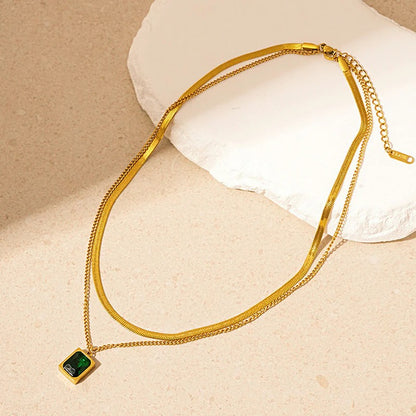 Gold-Plated Anti Tarnish Green Emerald Geometric Layered Necklace