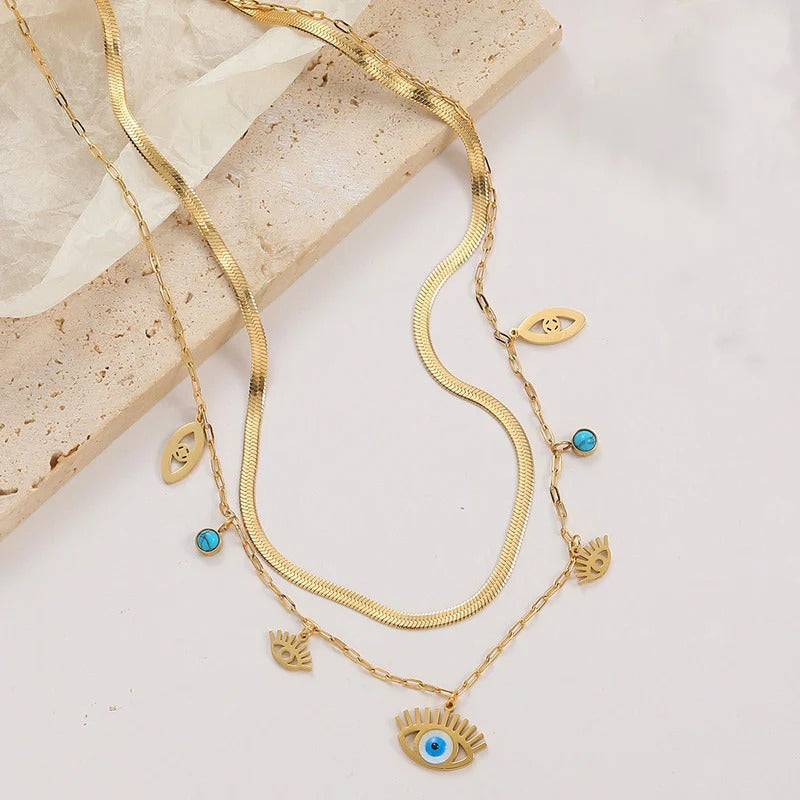 Gold Plated Stainless Steel Anti Tarnish Evil Eye themed Dual Strand Necklace For Women