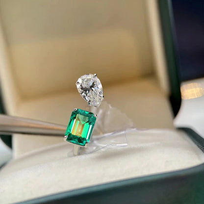 Silver Plated Anti Tarnish American Diamond Crushed Ice Cut Green Rectangular Finger Ring