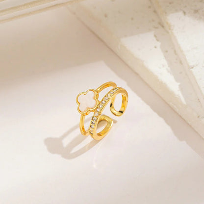 Gold Plated Anti Tarnish Stainless Steel Clover Themed Adjustable Finger Ring