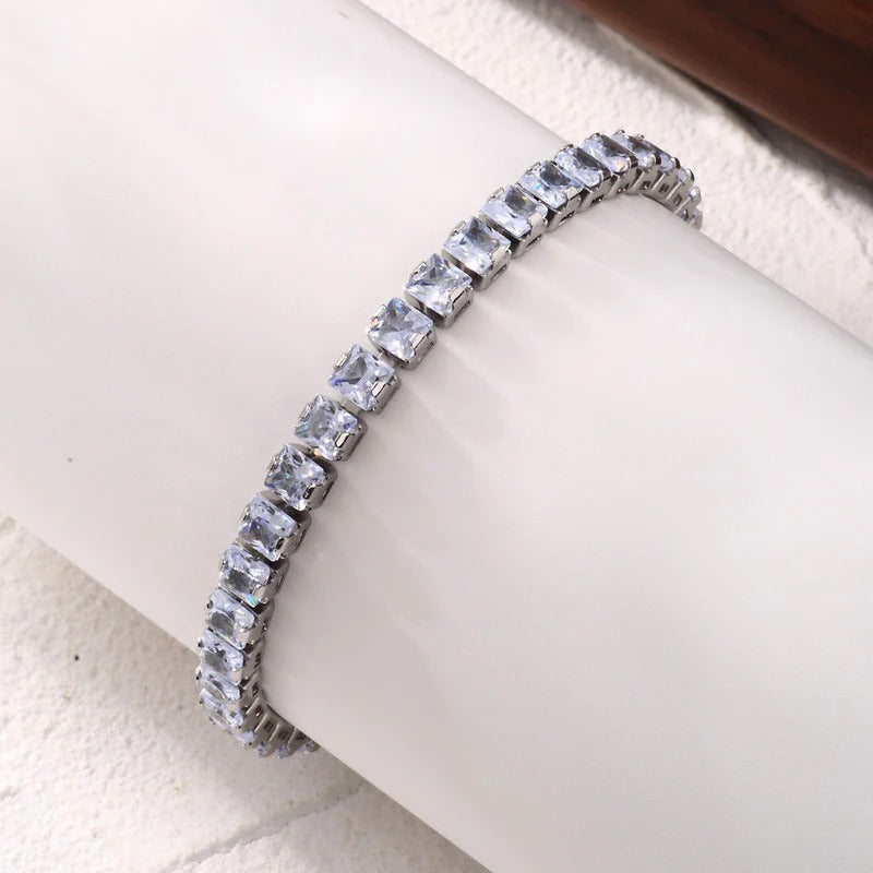 Zaverati Square Cut Cubic Zirconia White Matrix Anti Tarnish Tennis Bracelet