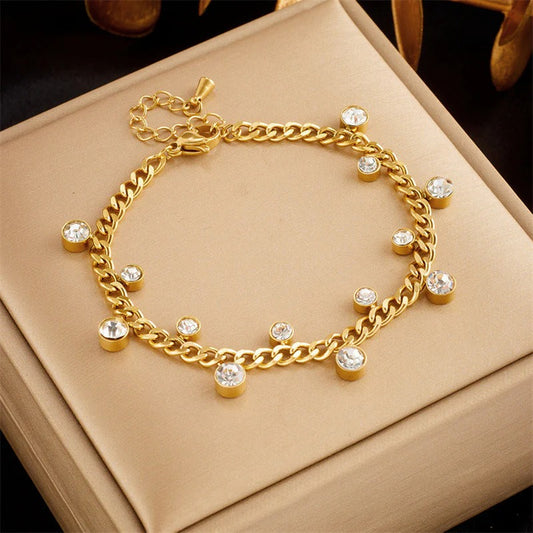 Gold Plated Stainless Steel Anti Tarnish Crystal Accents Dainty Wraparound Bracelet