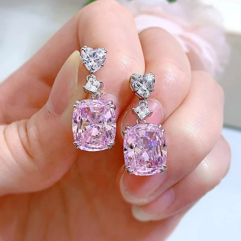 Silver Plated Anit Tarnish American Diamond Studded Pink Heart inspired Crushed Ice Cut Drop Earrings