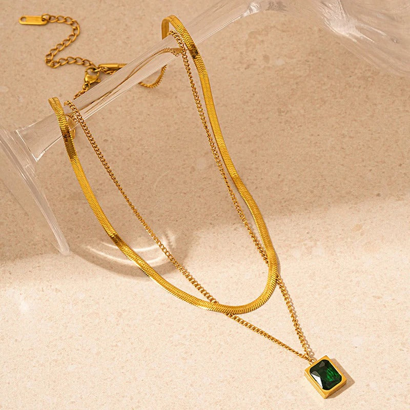Gold-Plated Anti Tarnish Green Emerald Geometric Layered Necklace